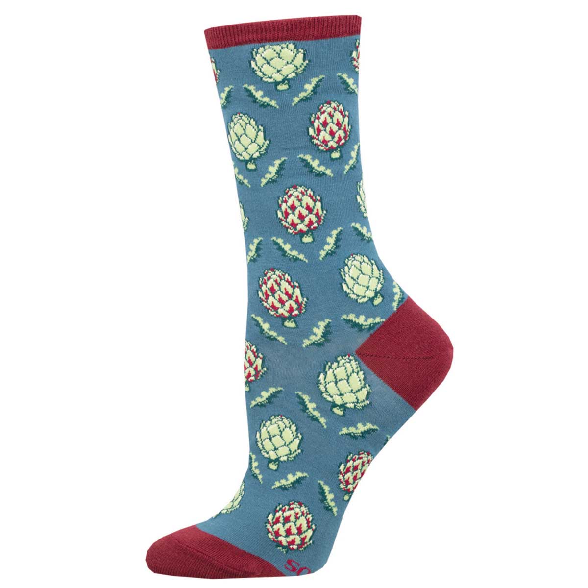 A pair of socks with a pattern of artichokes mainly in shades of green on a blue background.