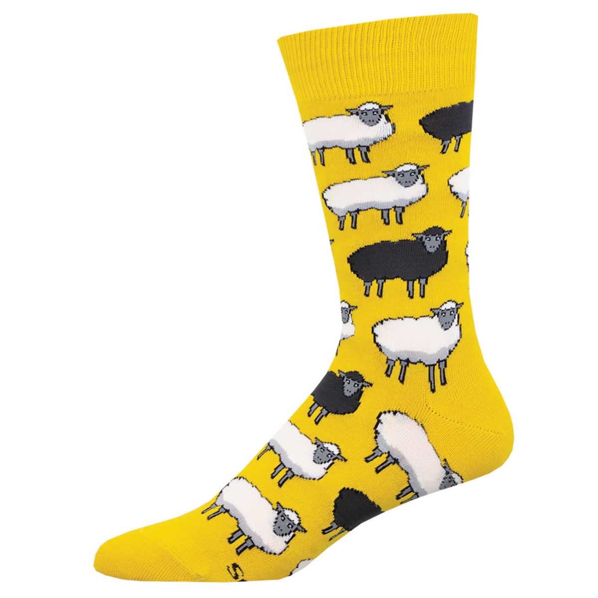A pair of yellow cotton crew socks featuring a pattern with white and black sheep.