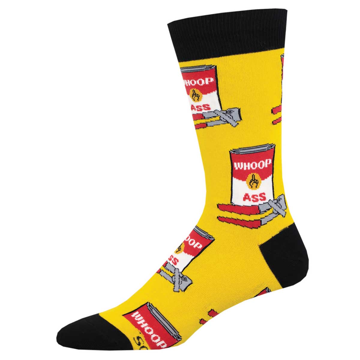 A pair of yellow crew socks with a graphics pattern of cans of whoop ass and the middle finger
