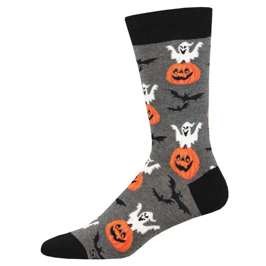 A pair of gray crew socks with Halloween-themed patterns including pumpkins and bats.