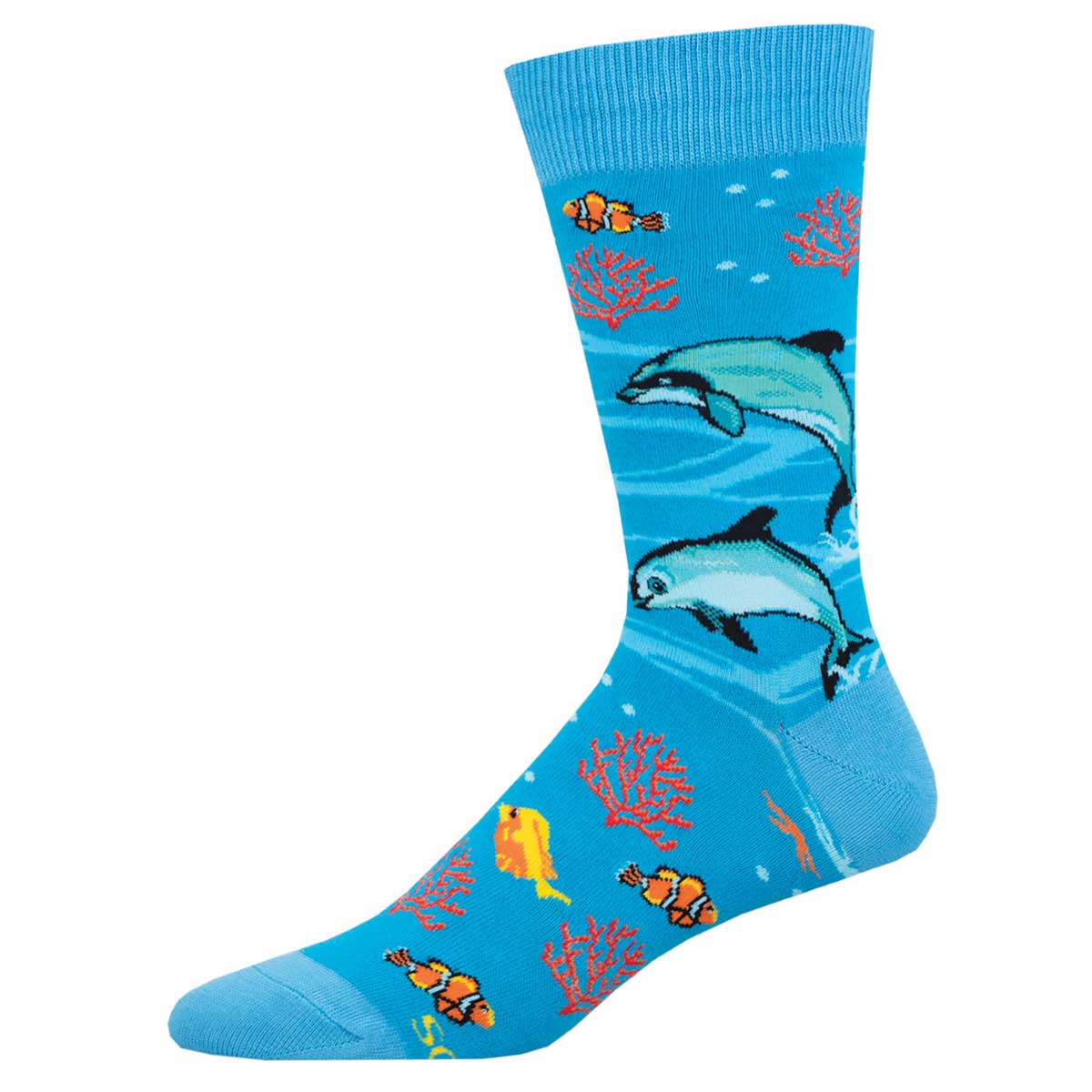 A pair of blue cotton crew socks featuring an underwater scene with vaquita dolphins and marine life.