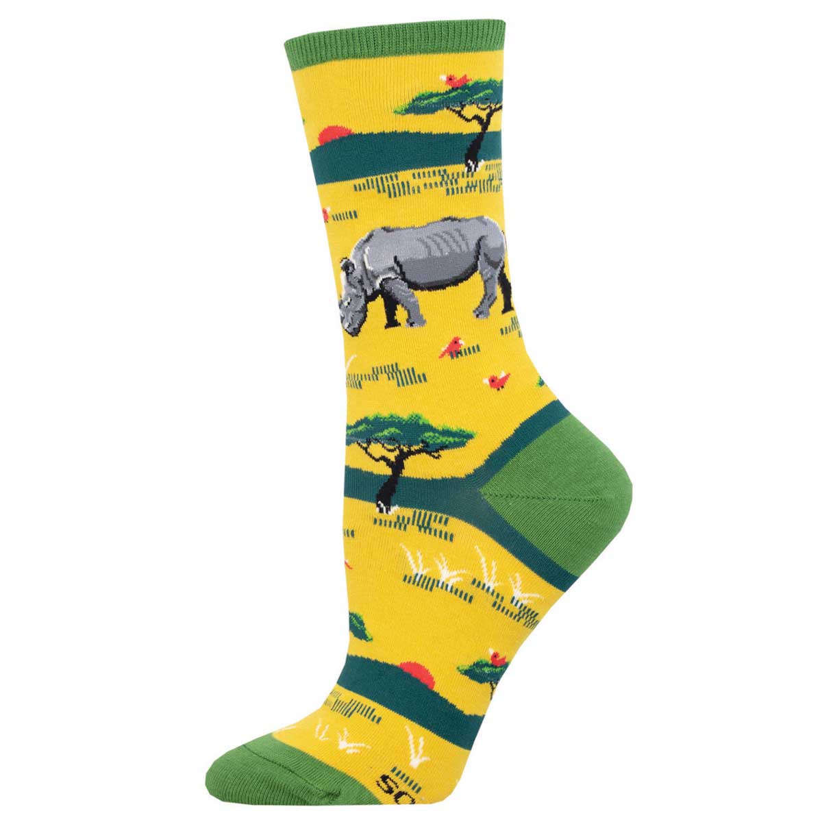 A yellow-colored crew sock featuring an illustration of a rhinoceros, trees, and grassland.
