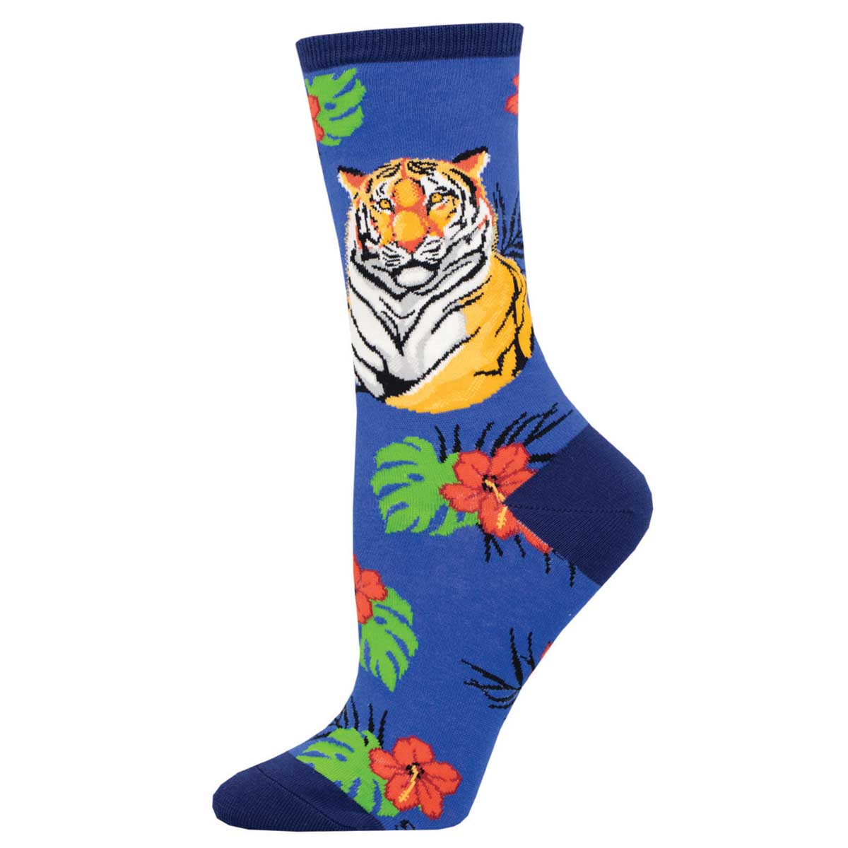 A pair of blue crew socks with a graphic of a tiger's face and surrounding tropical flowers.