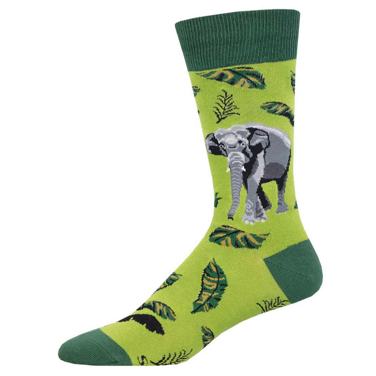 A green crew sock with a graphic of an Asian Elephant and leaves.