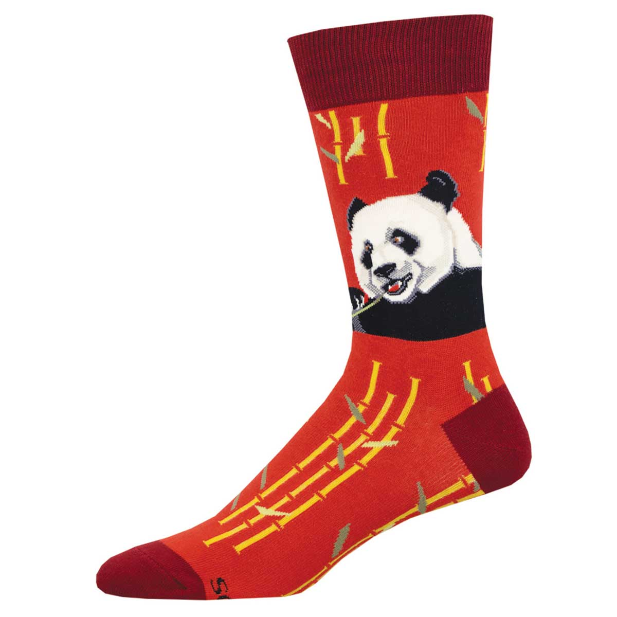 A pair of red crew socks with a Giant Panda design and bamboo motifs.