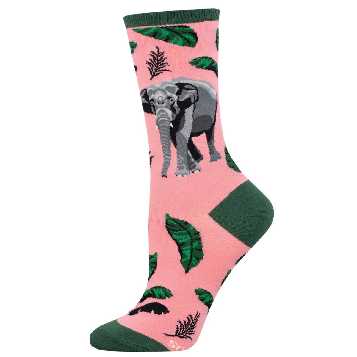 A pair of pink crew socks with a graphic of an Asian Elephant and green foliage.