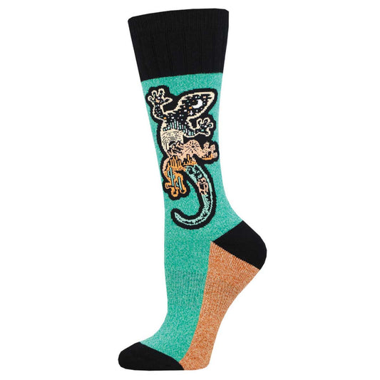 A pair of turquoise socks with a salamander design, featuring a padded footbed and arch support.