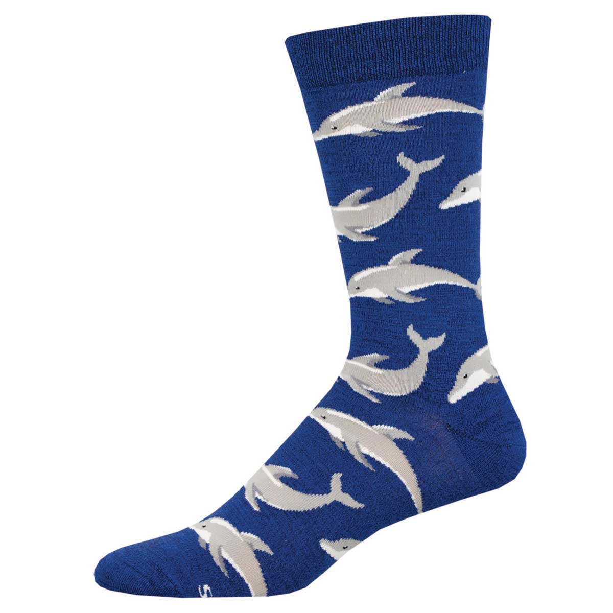 A pair of blue socks with a pattern of gray dolphins.