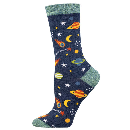 A pair of blue bamboo socks with a space-themed pattern including planets, stars, and comets.