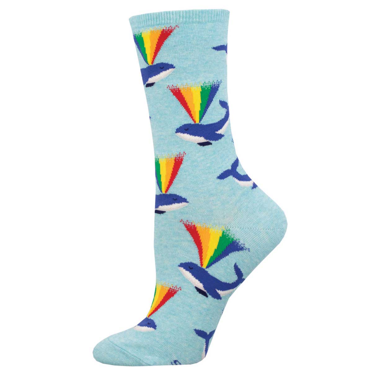 A pair of light blue cotton crew socks featuring a pattern with rainbow-spouting whales.