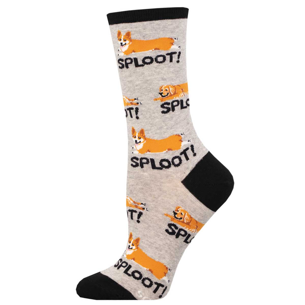 A pair of colorful socks with a pattern of corgi dogs and the word 'SPLOOT!' displayed across the shaft. The socks have a black heel and toe, and a black cuff  on a gray background with the continuation of the corgi and text pattern.