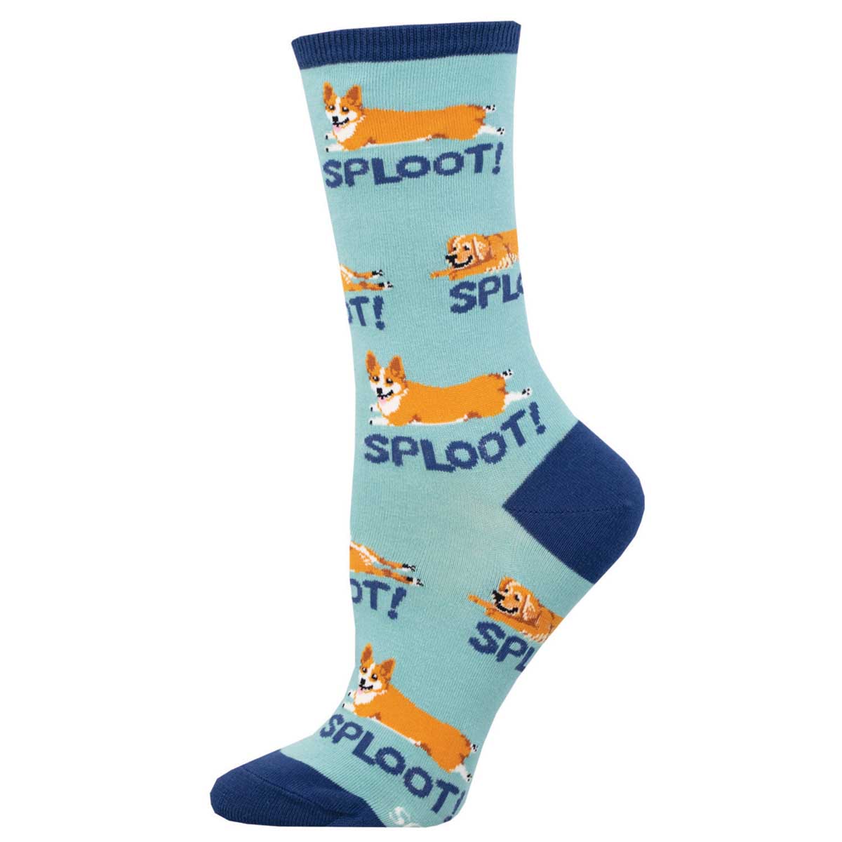 A pair of colorful socks with a pattern of corgi dogs and the word 'SPLOOT!' displayed across the shaft. The socks have a blue heel and toe, and a blue cuff with the continuation of the corgi and text pattern.