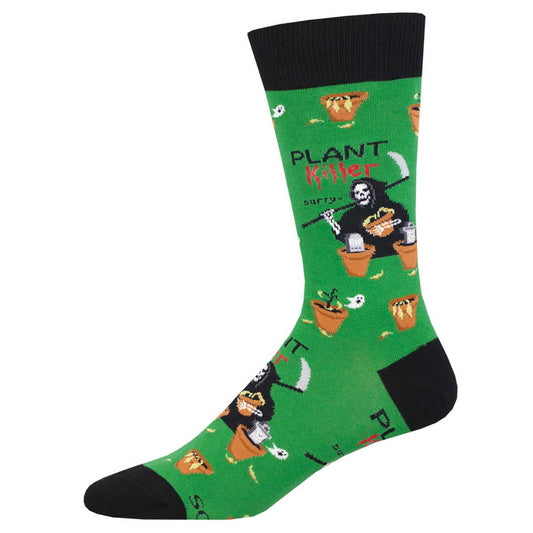 A pair of green socks with a pattern featuring various cartoon plants, the grim reaper, and the text 'PLANT KILLER'.
