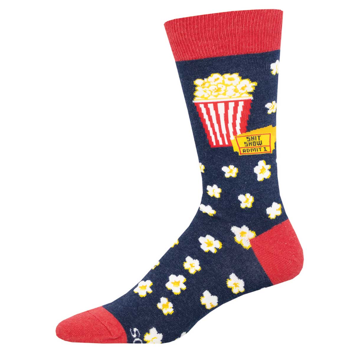 A pair of navy blue cotton crew socks with a pattern of white and yellow popcorn, red trim, and a novelty image of a popcorn bucket on the side. A movie ticket with text that says "Shit Show - Admit 1" also appears on the calf of the sock.