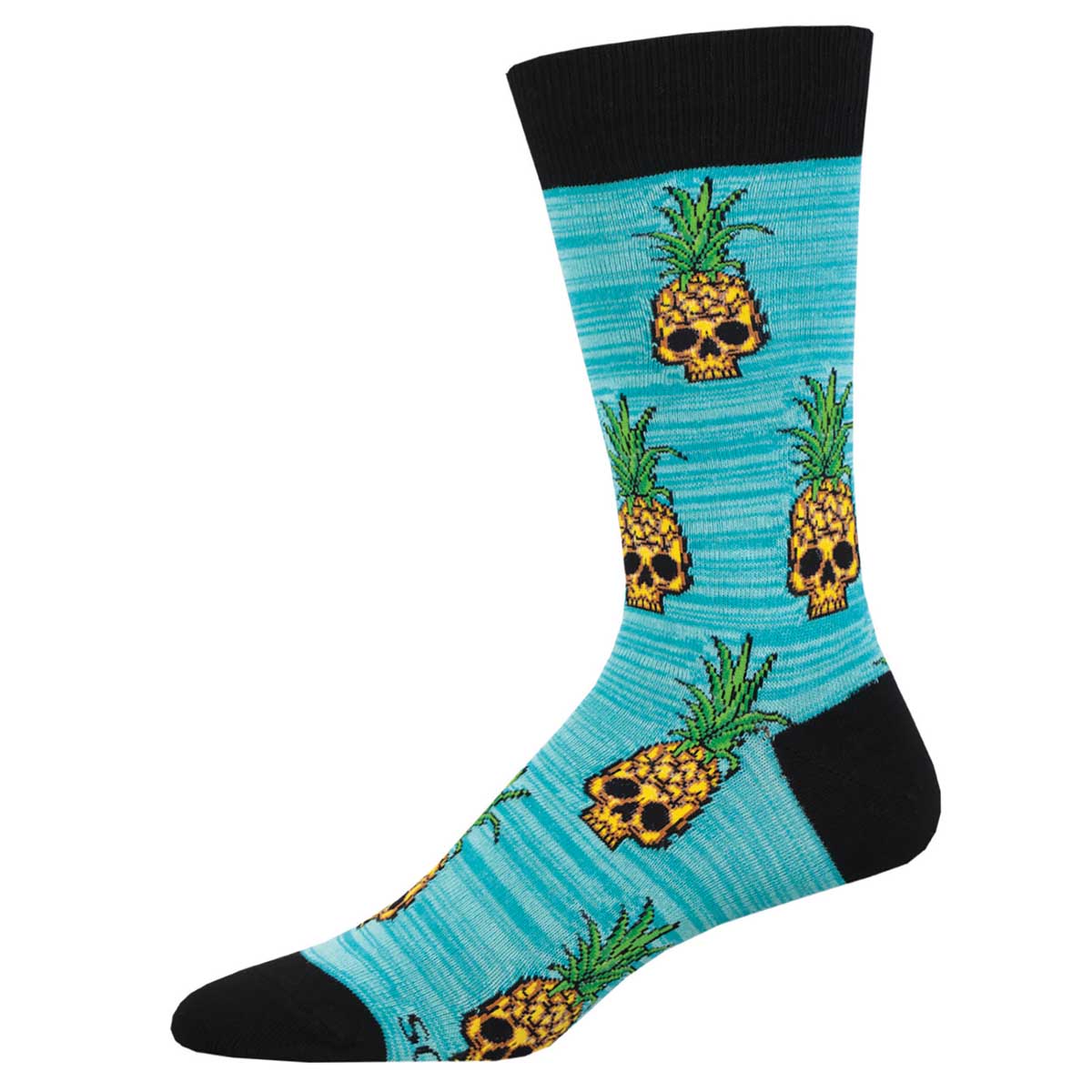 A pair of men's crew socks with a tropical pattern featuring pineapples and skulls in blue and black colors.