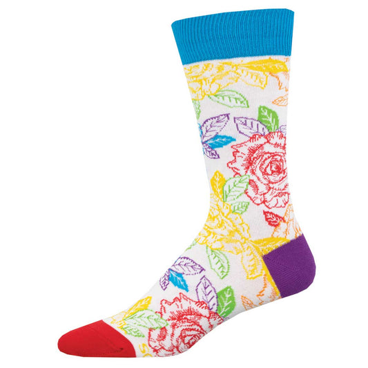 Colorful floral-patterned sock with rainbow roses on a white background