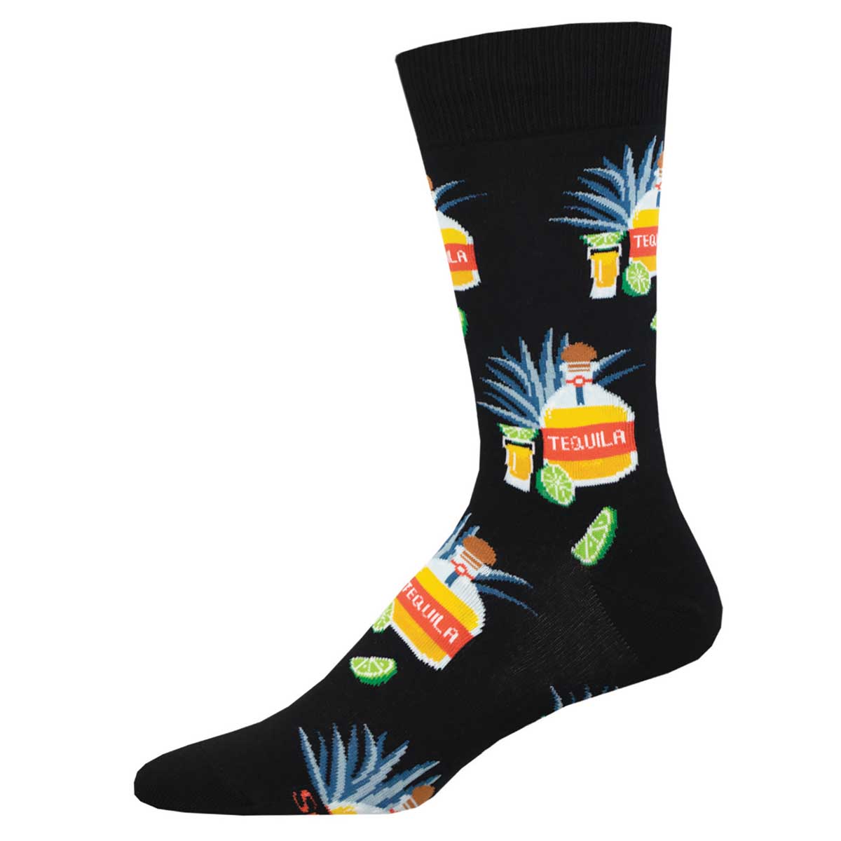 A black cotton crew sock with a pattern of tequila bottles and limes.