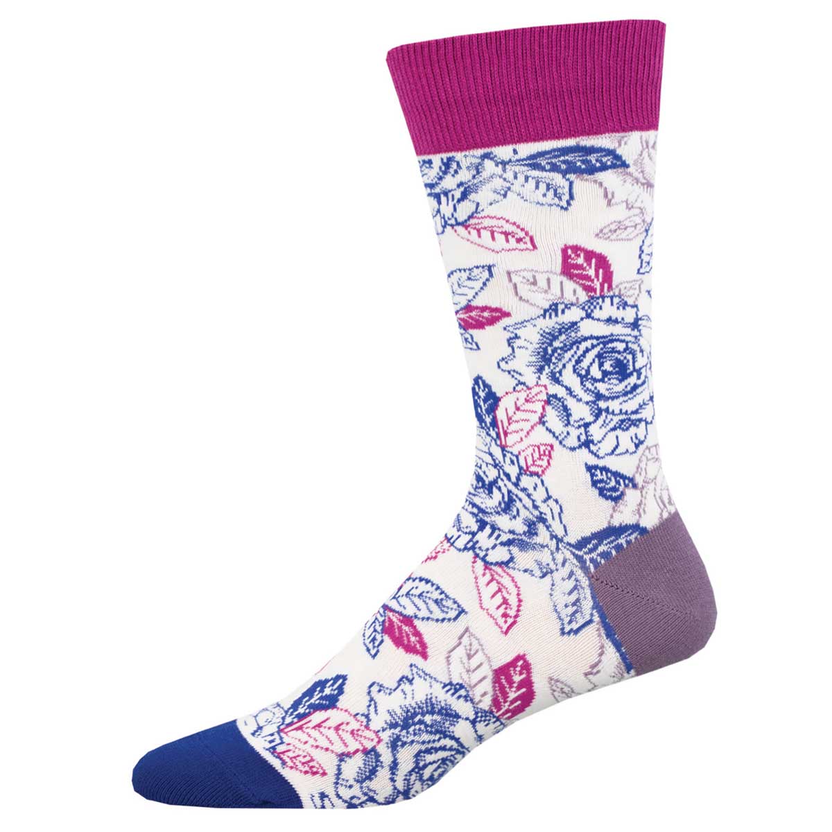 A pair of patterned socks with a variety of colors including blue, pink, and purple, featuring a floral design.
