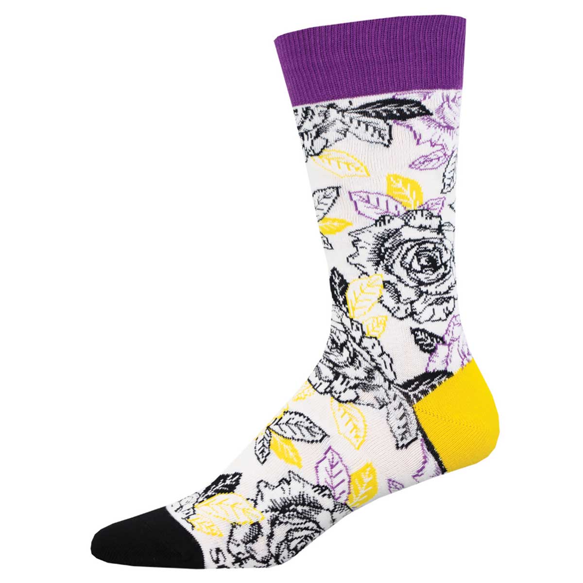 Sock with floral pattern with black, purple, and yellow roses on a white background.