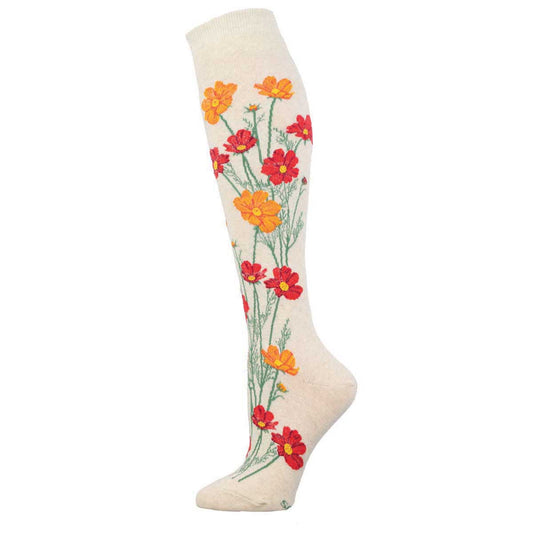 Women's Where The Wildflowers Grow knee high sock in Ivory Heather color with wildflower design