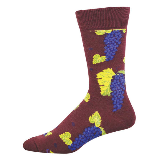 Maroon sock with bunches of grapes hanging from vineyard vines