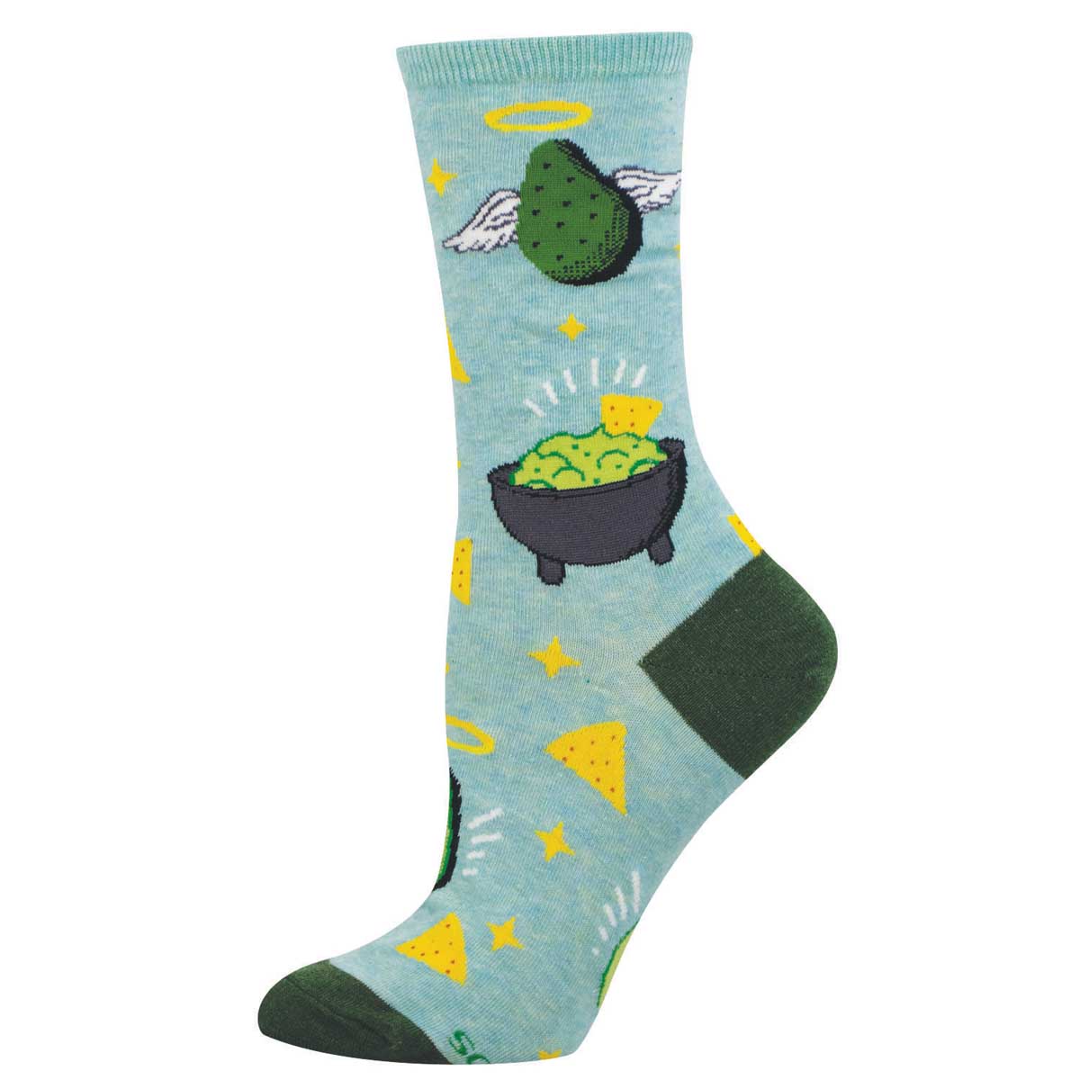 Women's Cotton Crew Socks with Avocado with Wings and Halo, Chips, and Bowl - Blue - Socksmith