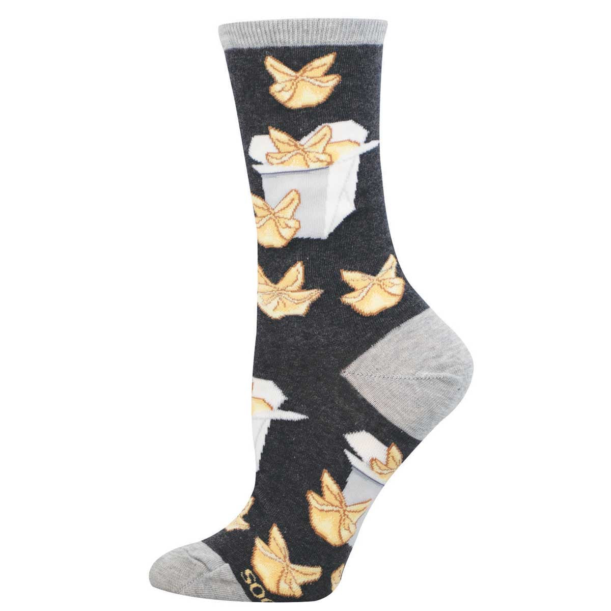 Grey socks with crab rangoons in takeout containers