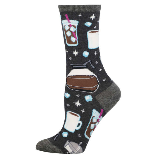 Women's Cotton Crew Socks - Iced Coffee Motif - Gray - Socksmith