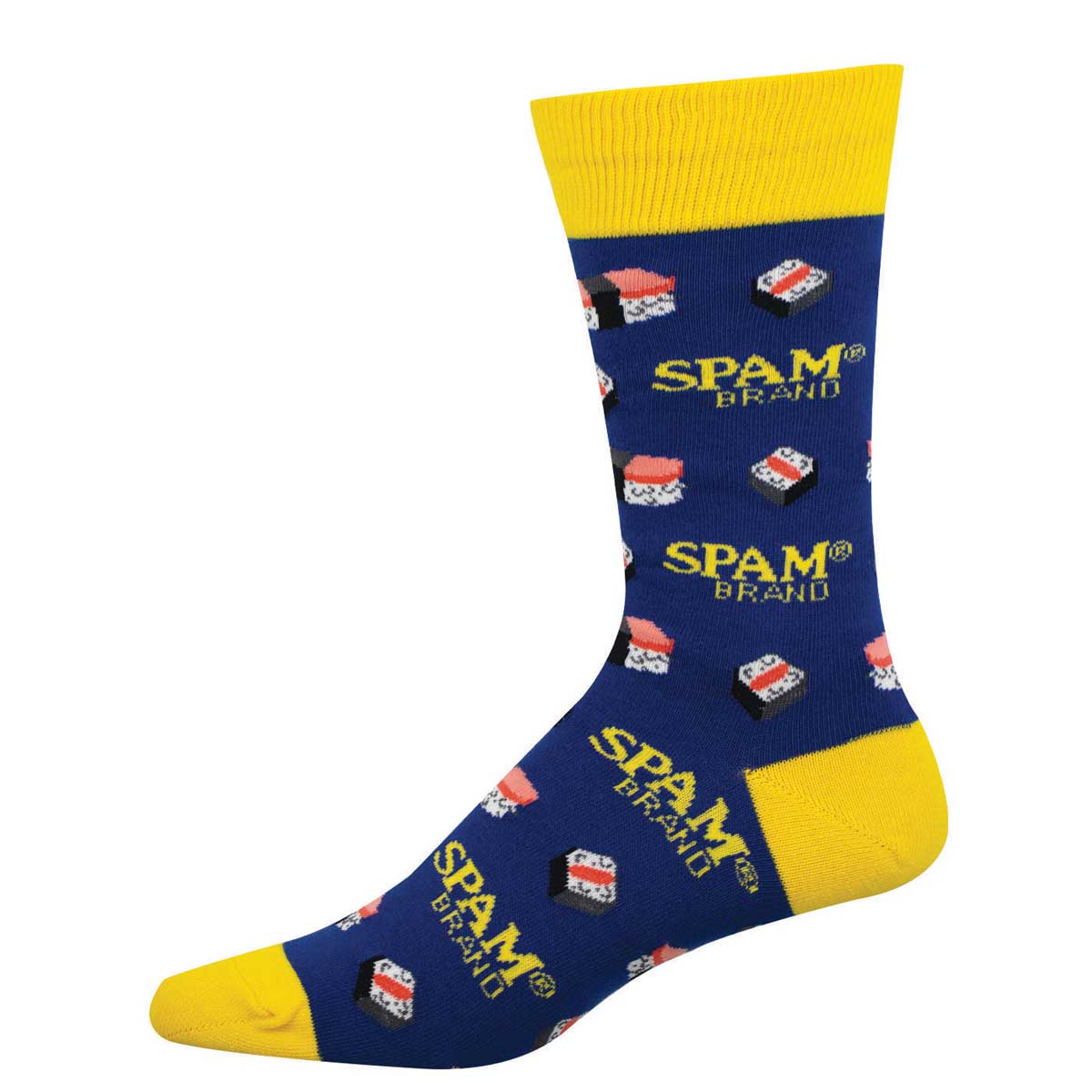 Blue sock with yellow accents featuring Spam brand logo and SPAM Musubi throughout