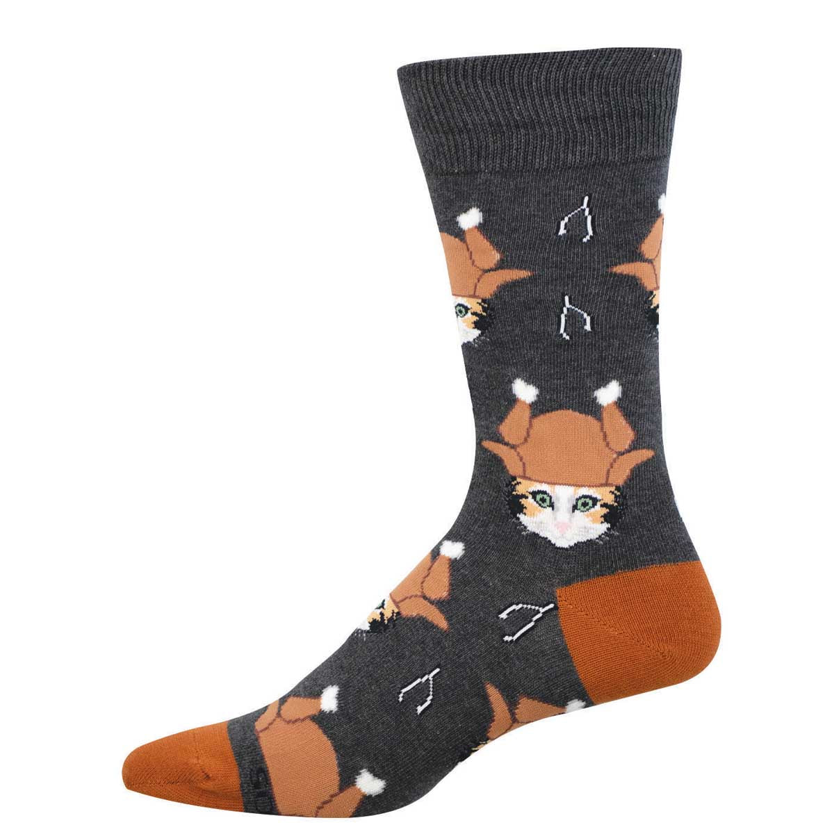 Gray sock with cats wearing turkeys on their heads