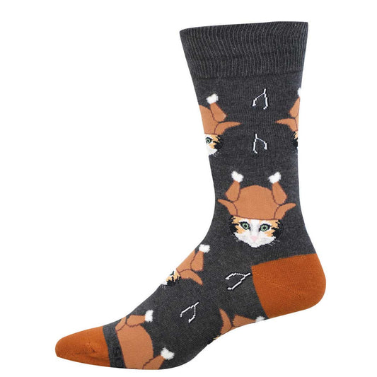 Gray sock with cats wearing turkeys on their heads