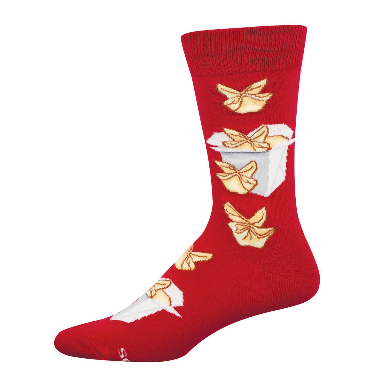 Red socks with crab rangoons in takeout containers