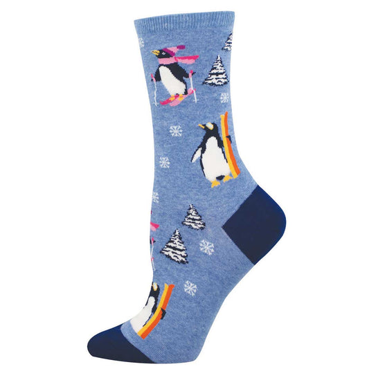 Women's Cotton Crew Socks - Penguins Skiing with Winter Hats On - Blue - Socksmith