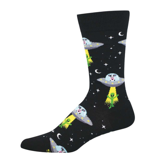 Men's Cotton Crew Socks - Cows and UFO Design - Black - Socksmith