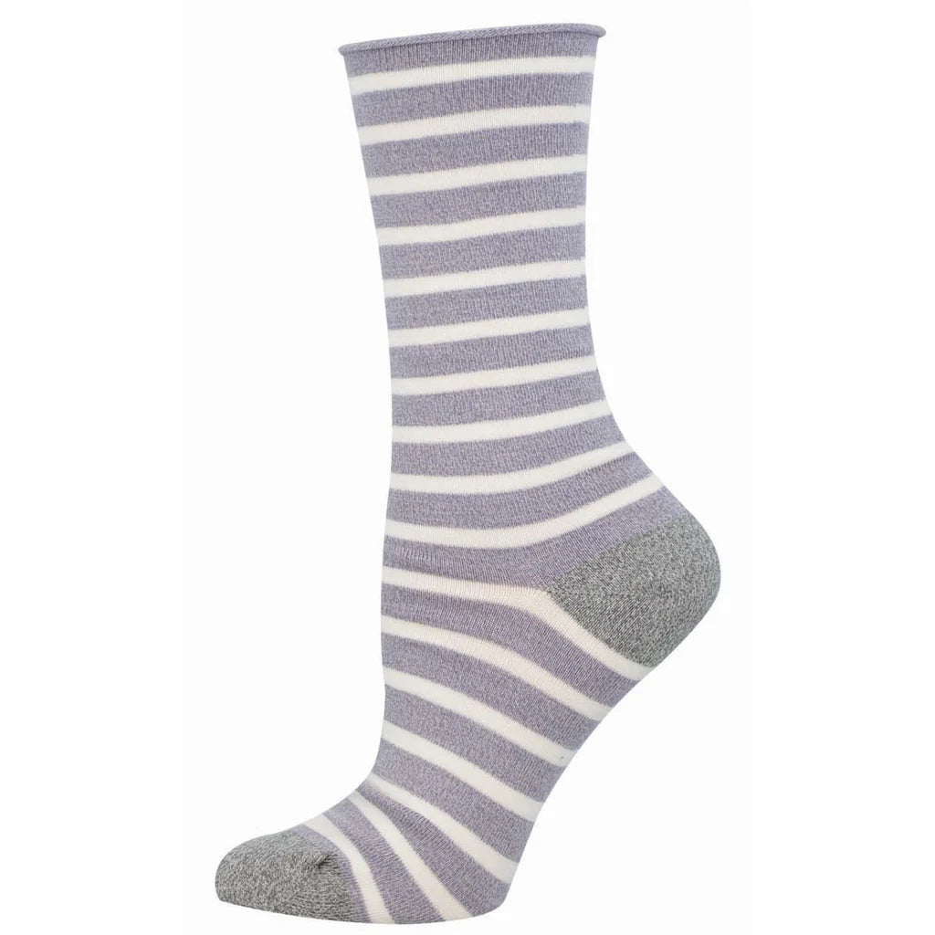 Striped lavender and white sock with light gray heel and toe