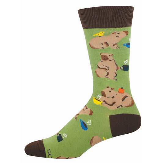 Green sock with capybaras drinking coffee