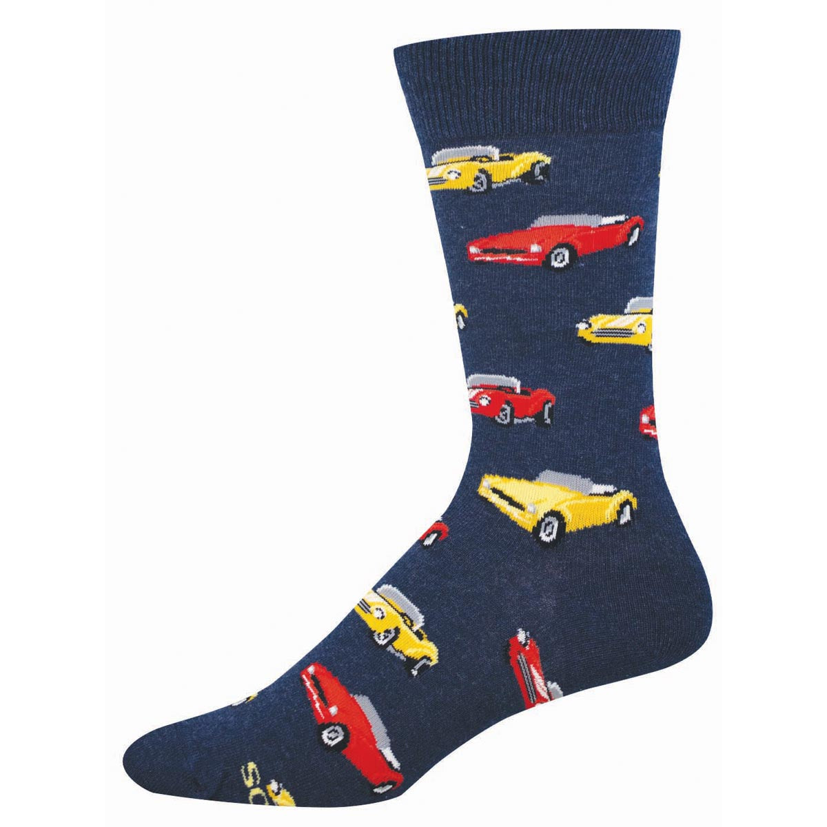 Navy sock with red and yellow car pattern