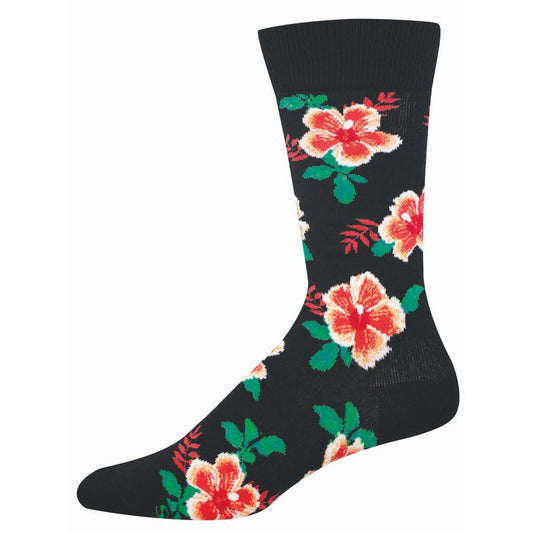 Black sock with red hibiscus floral pattern