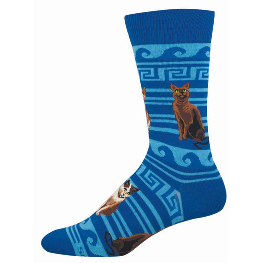 Blue sock with cat pattern on a Greek inspired motif