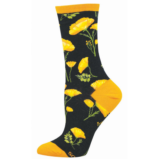 Sock with yellow and orange floral pattern on a black background