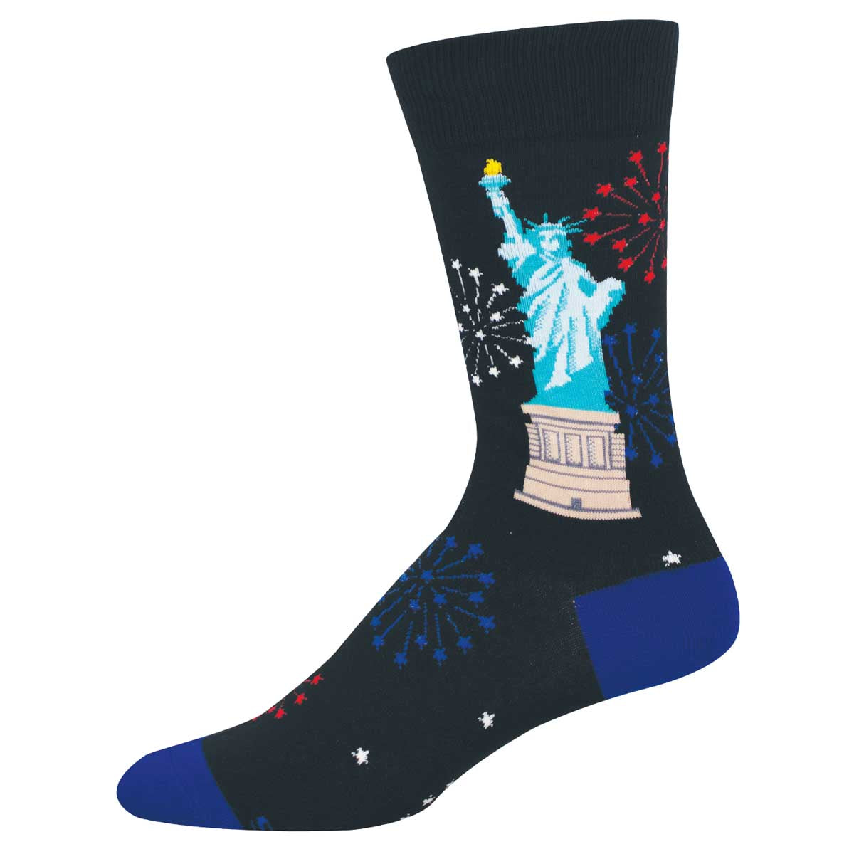 Black sock with Statue of Liberty and fireworks design on a white background
