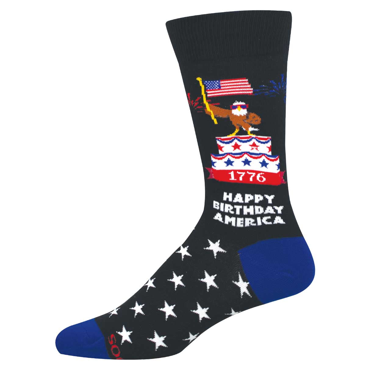 Black sock with American flag design featuring an eagle on top of a 1776 cake with the text "Happy Birthday America"