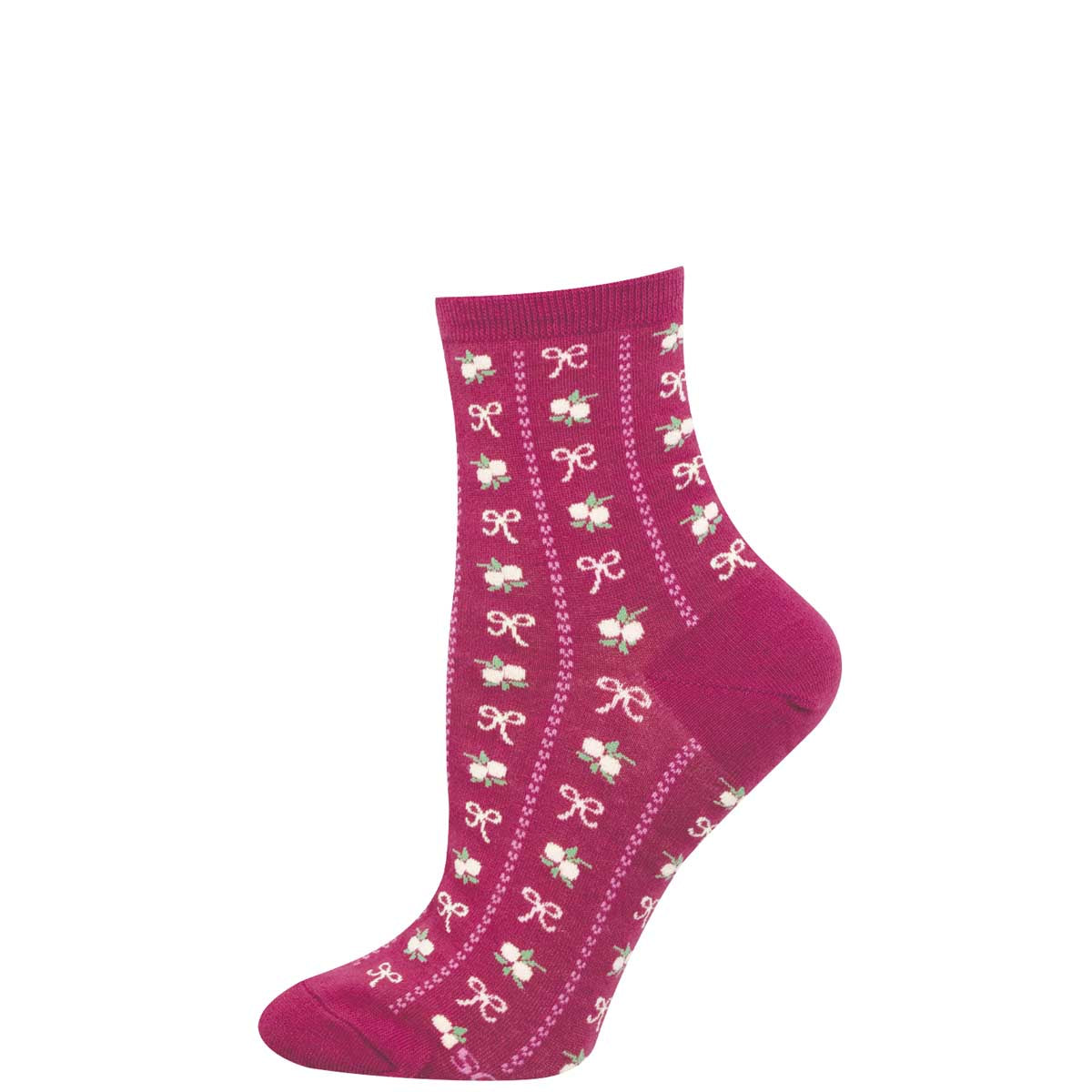 Pink sock with white bow pattern on a white background
