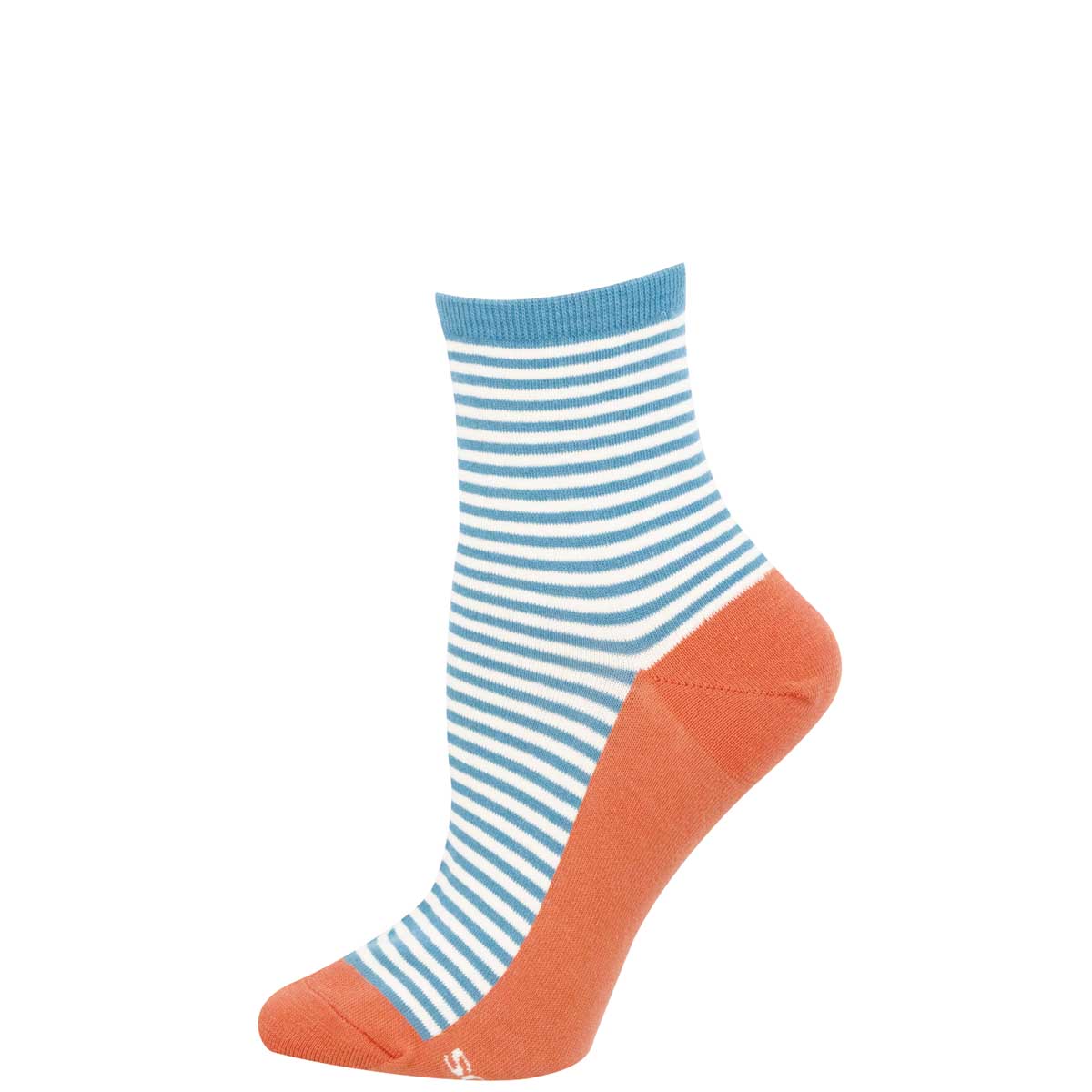 Sock with blue and white striped pattern and orange toe and heel on a white background
