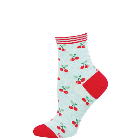 Sock with cherry pattern on a light blue background