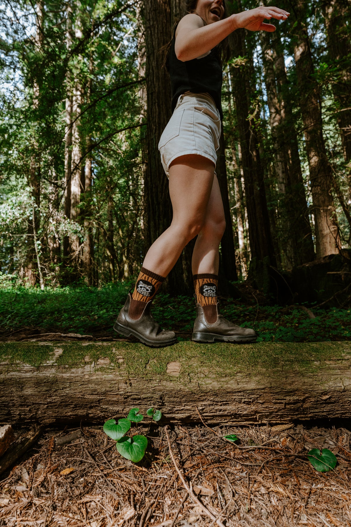 A person walking on a log in a forest, wearing brown boots, light denim shorts, and patterned socks with a raccoon graphic.