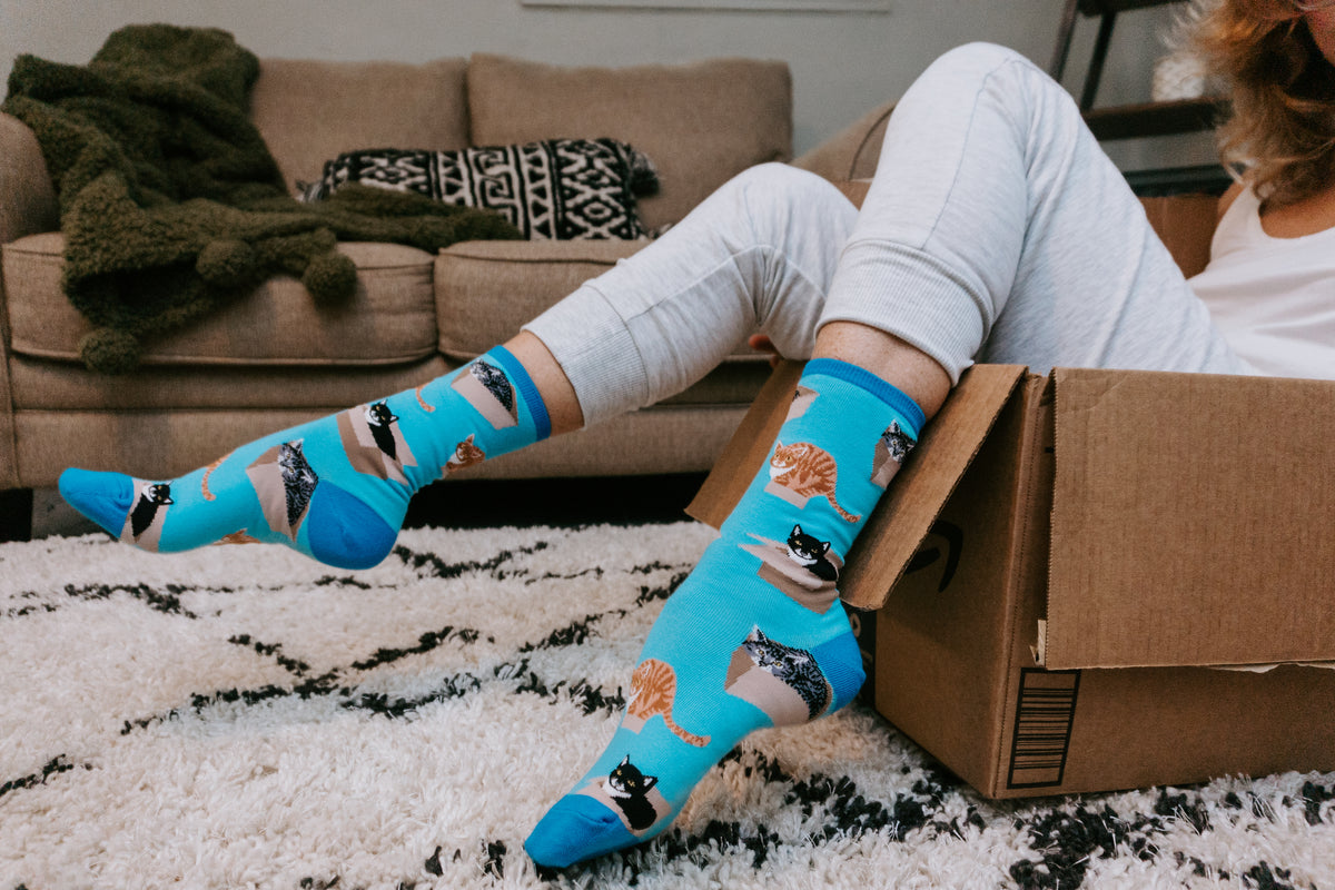 Close-up of cat in cardboard box design on women’s socks