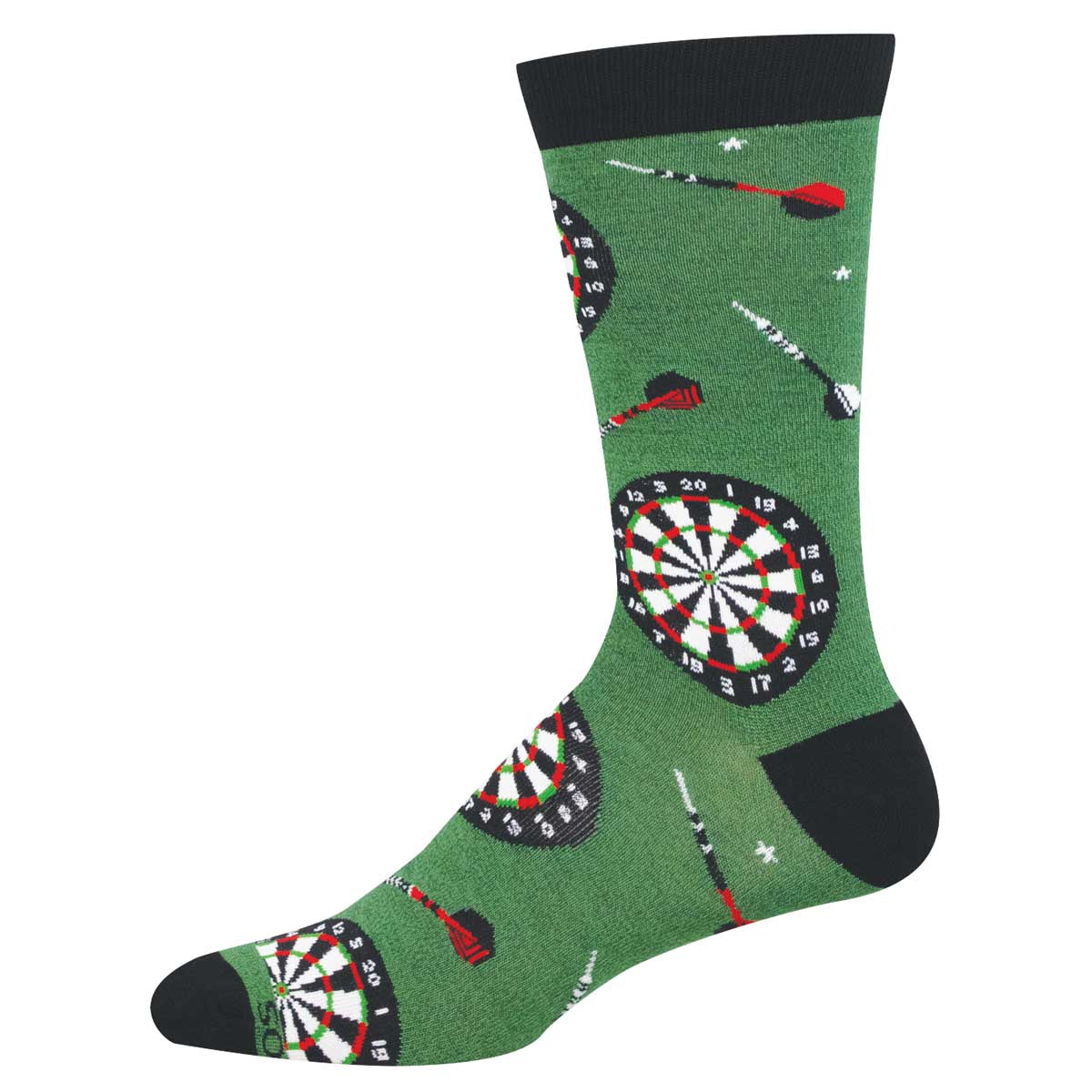 Green sock with dartboard and dart pattern