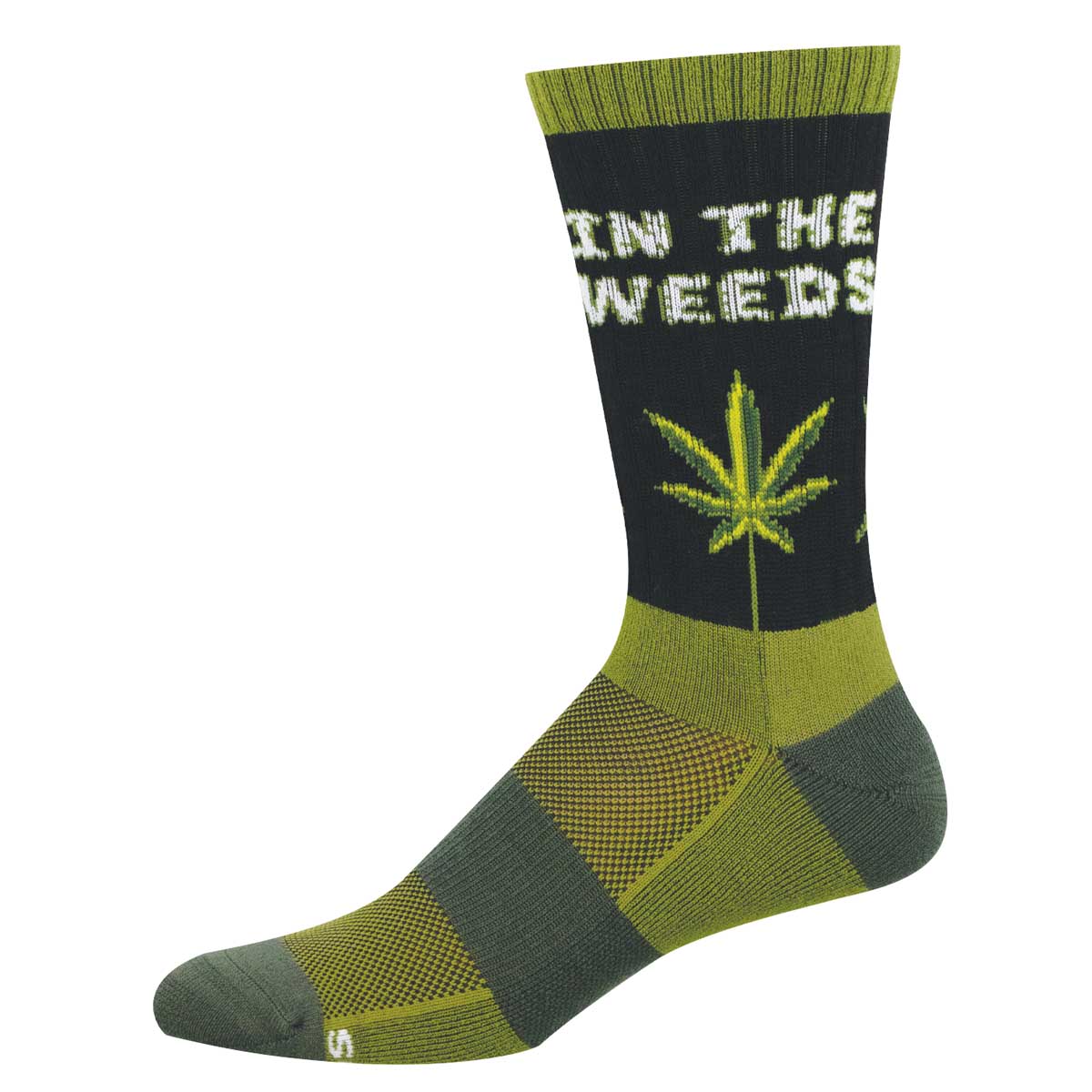 Sock with 'In the Weeds' text and marijuana leaf design