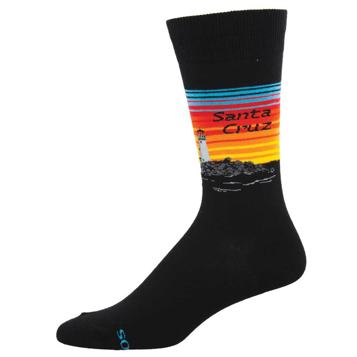 Men's Cotton Crew Socks - Walton Lighthouse at Sunset Design with "Santa Cruz" Text - Black - Socksmith